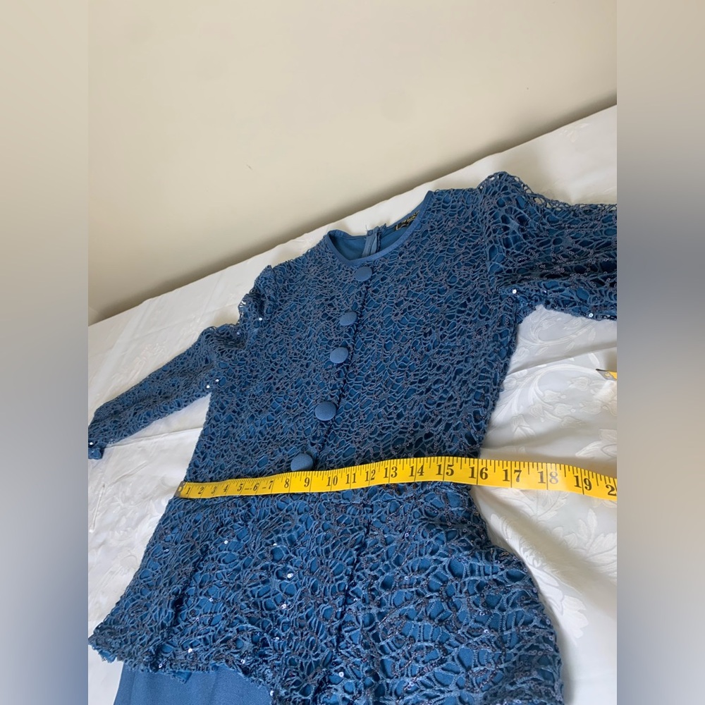 Modest Evening Dress Teal Blue long sleeve Stretch Sequins belt Sz 44 (Turkey) - Picture 7 of 17